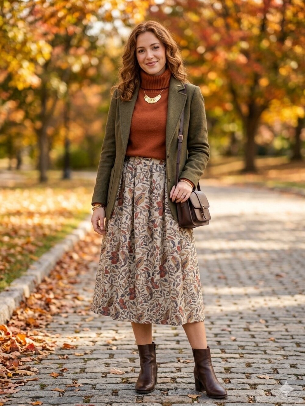 Vintage Dark Academia Cottagecore Autumn Leaf Pattern A-Line Midi Skirt Size 12
